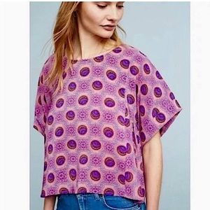 Anthropologie Maeve Mills Printed Top Pink and Purple Print Short Sleeve M
